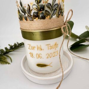 Taufkerze "Greenery" olivegrün & gold – Bild 2